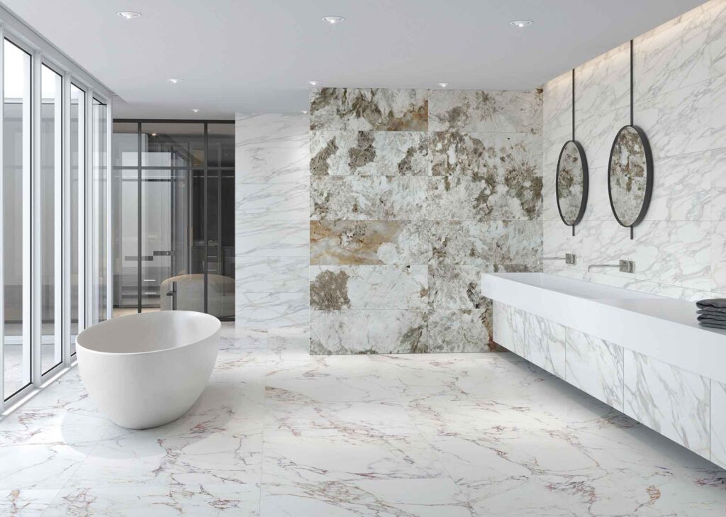 Bathroom or kitchen with marble-look floor tiles